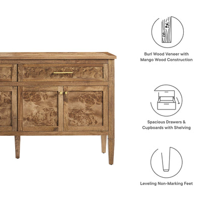 Burl wood veneer sideboard in mango wood with spacious drawers & cupboards, shelving, leveling non-marking feet.