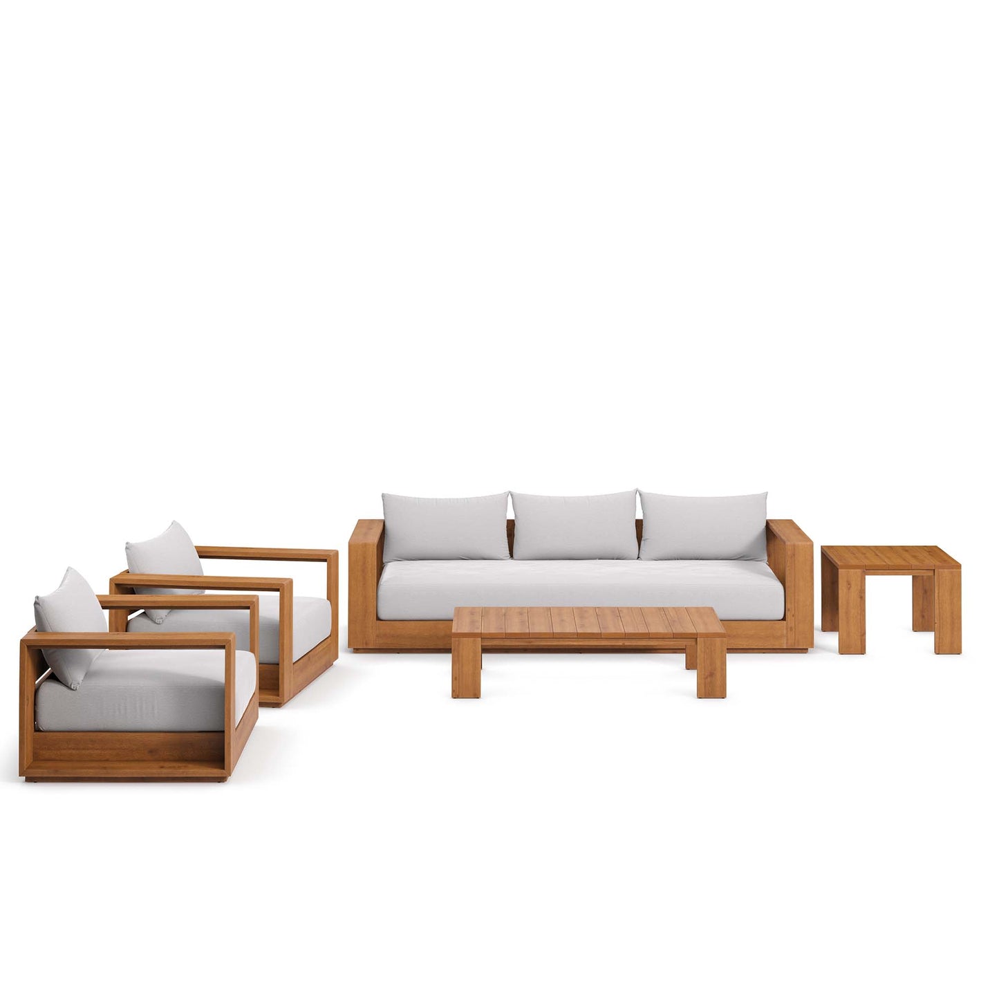 Acacia wood outdoor lounge set with light gray cushions: 3-seat sofa, two armchairs, coffee table, and side tables.