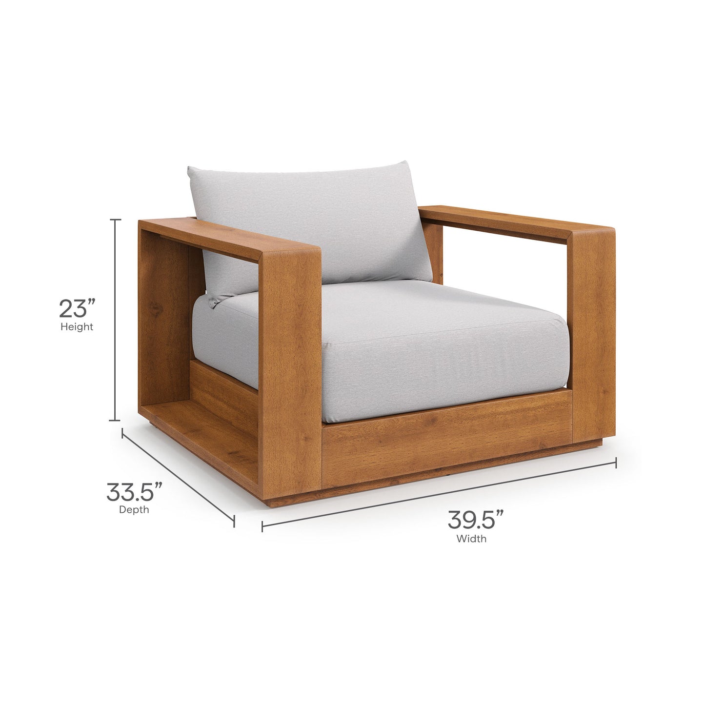 Outdoor acacia wood patio furniture set with light gray cushions; natural wood tone, modern blocky frame; 5-piece configuration; 39.5"W x 33.5"D x 23"H.