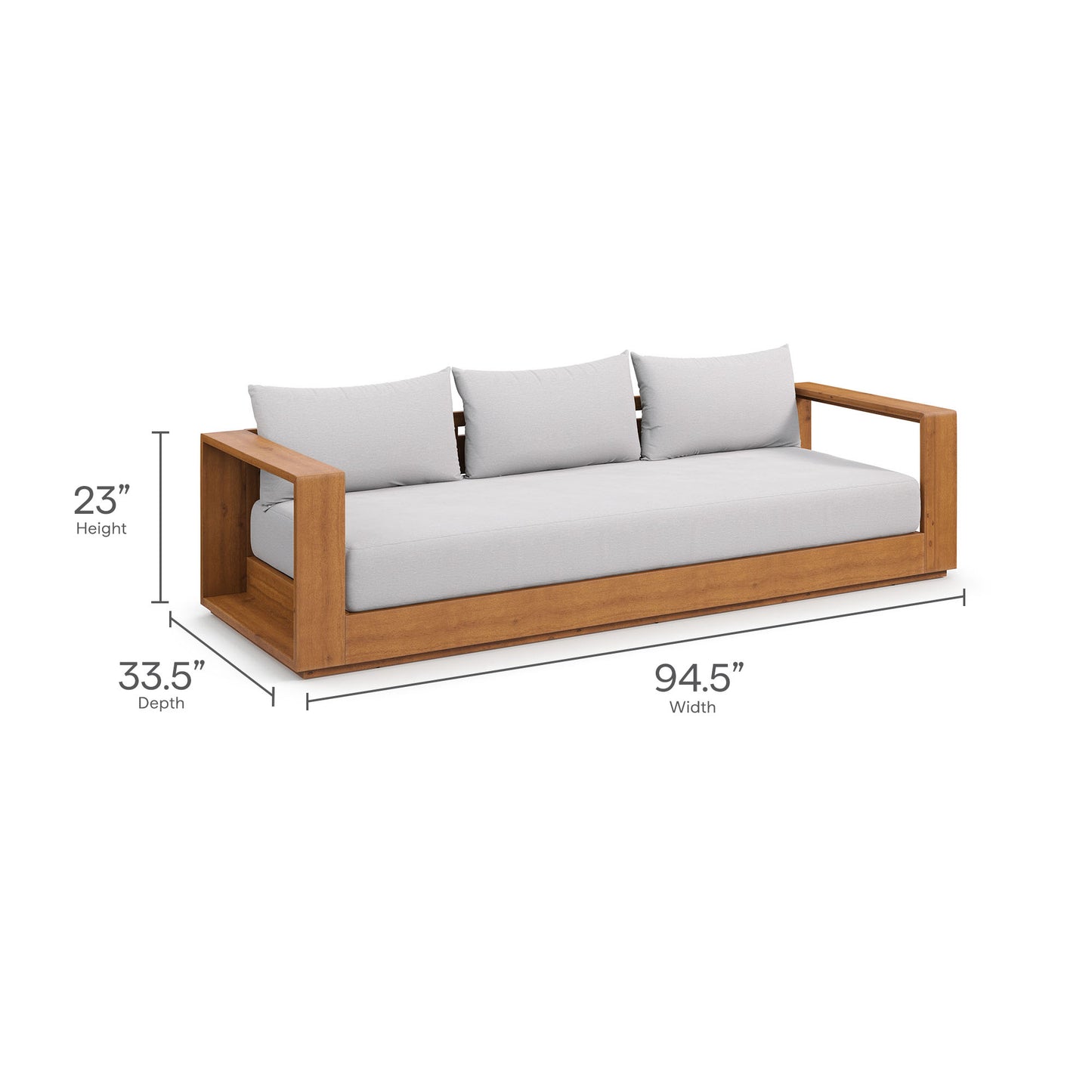 Natural acacia wood framed outdoor sofa with light gray cushions; 3-seat with boxy arms, part of a 5-piece outdoor patio set.