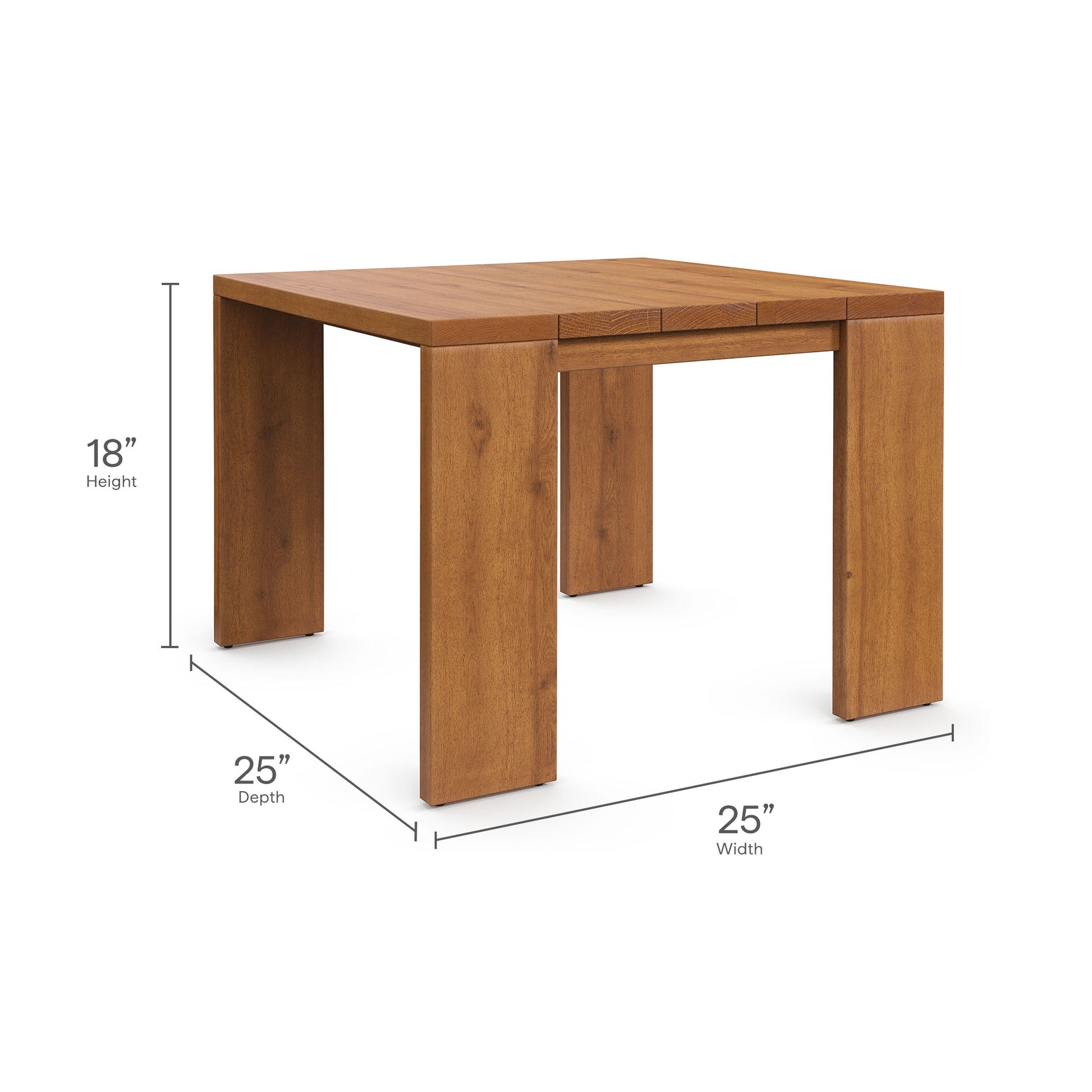 Natural wood coffee table with rectangular top and chunky square legs, 25W x 25D x 18H.
