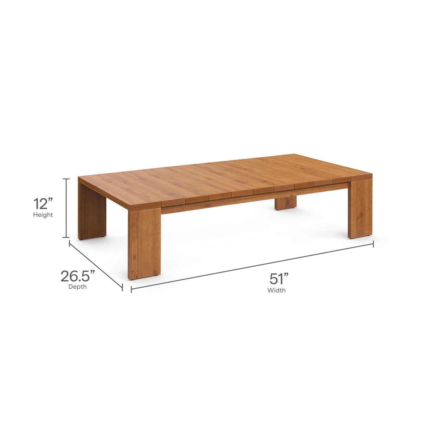 Natural wood coffee table, rectangular 51x26.5x12 inches, chunky block legs, warm finish, center support beam.