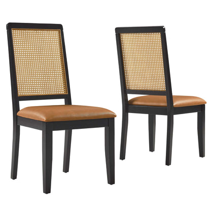 Modway - Arlo Vegan Leather Upholstered Faux Rattan and Wood Dining Side Chairs Set of 2 by Modway  Bar and Dining Dining Chairs Brown - EEI-6802-BLK-NAT-TAN