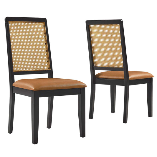 Modway - Arlo Vegan Leather Upholstered Faux Rattan and Wood Dining Side Chairs Set of 2 by Modway  Bar and Dining Dining Chairs Brown - EEI-6802-BLK-NAT-TAN