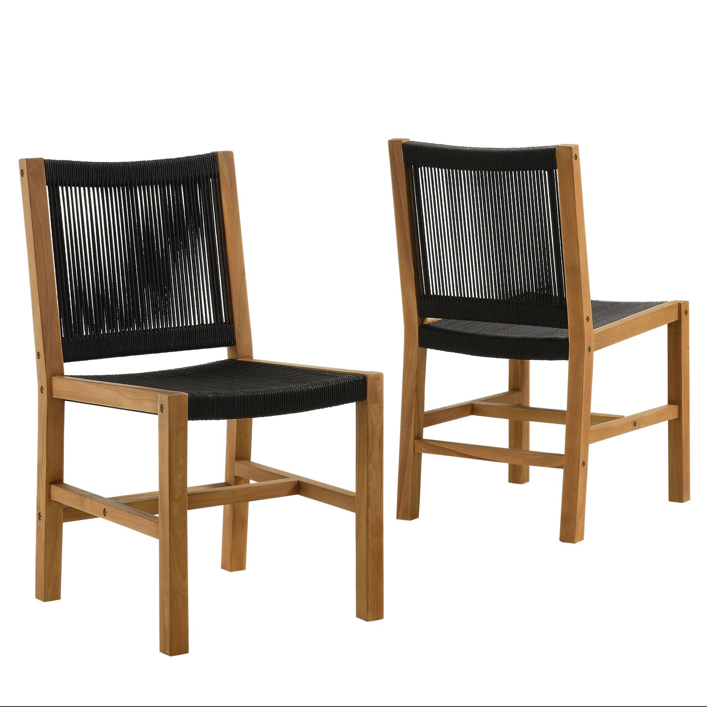 Two natural wood dining chairs with black woven cord seat and back, mid-century modern style