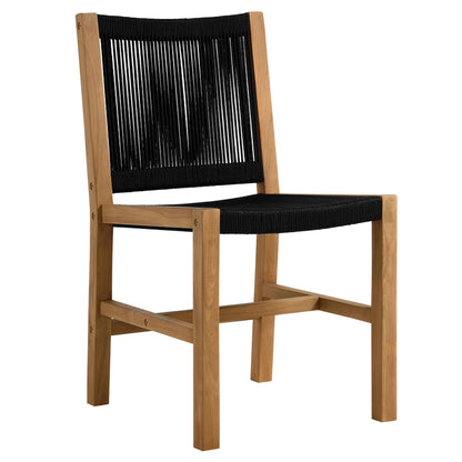 Pair of teak outdoor dining chairs with black rope seats and backrests, armless, minimalist, sturdy design.