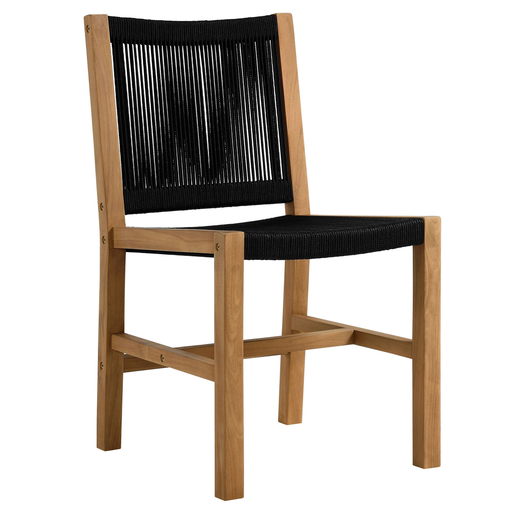 Natural wood chair with black woven cord seat and back, square frame.