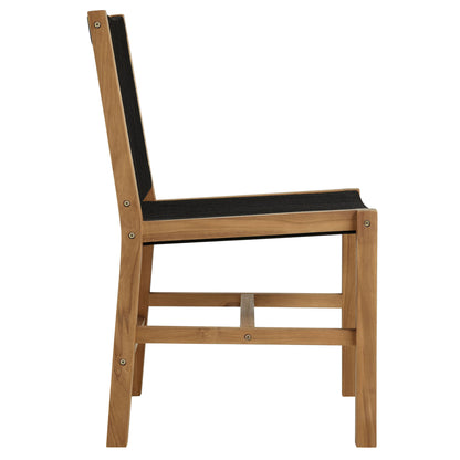Outdoor armless dining chair with teak frame & black rope-weave seat & back; angular, modern profile.
