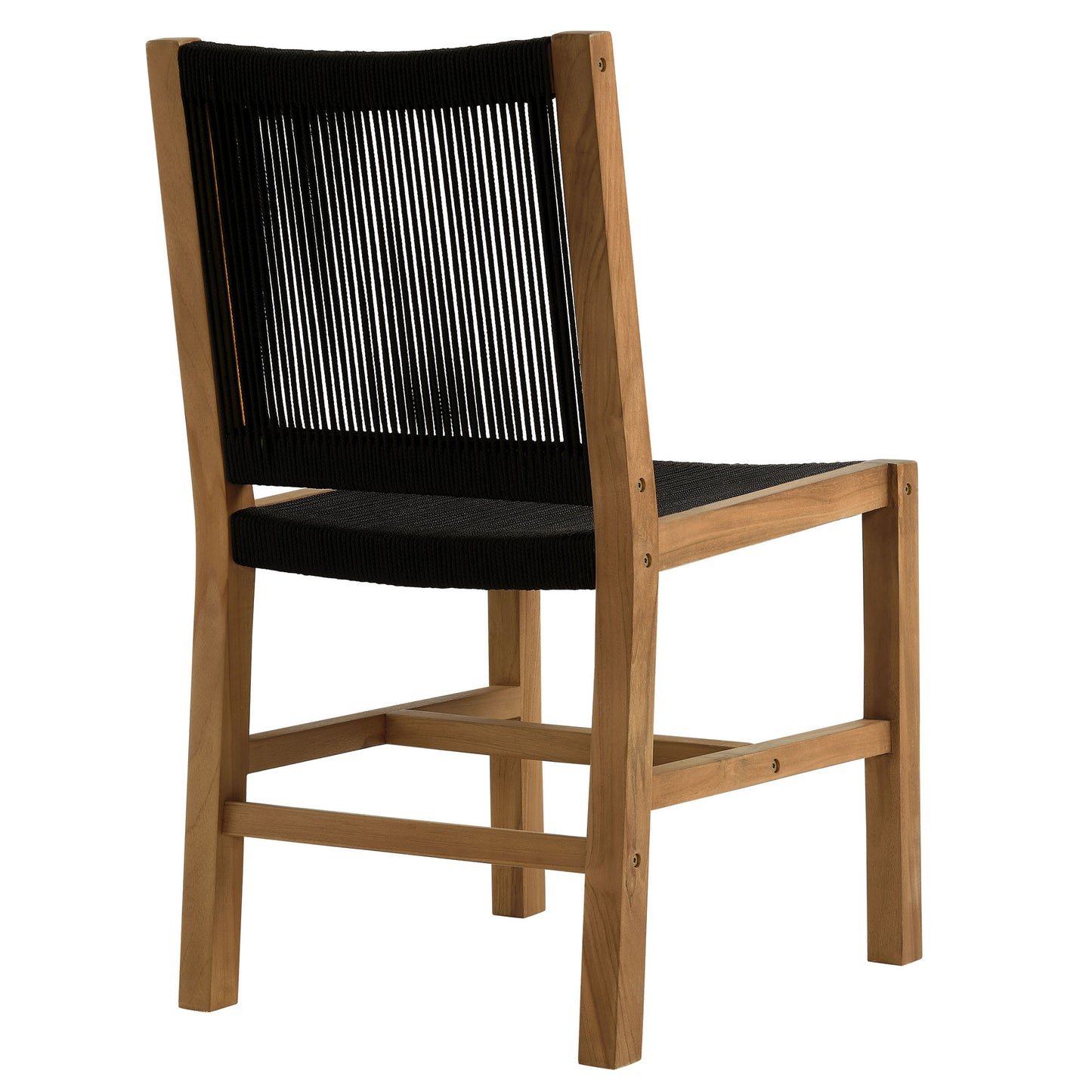 Natural wood dining chair with black woven back and seat, simple mid-century design.