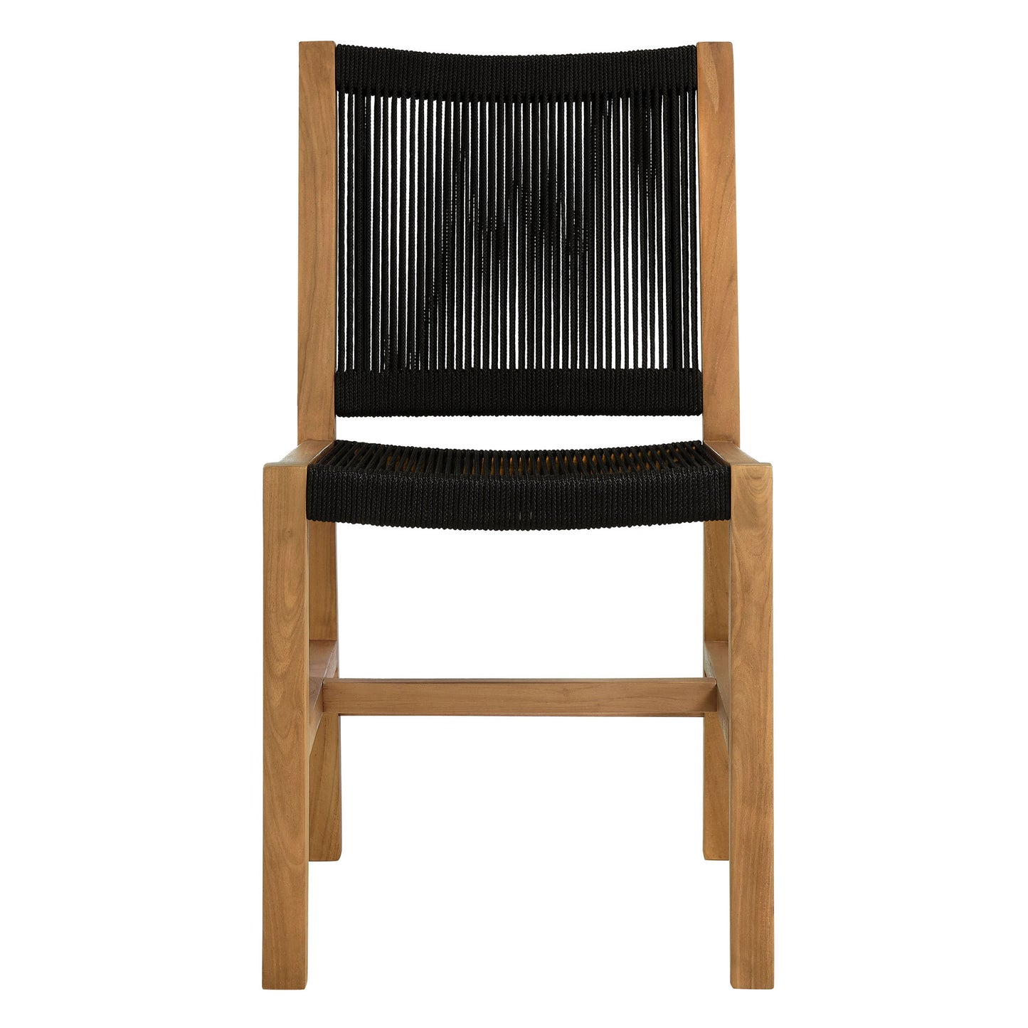 Natural wood dining chair with black woven cord seat and back, minimalist modern design.