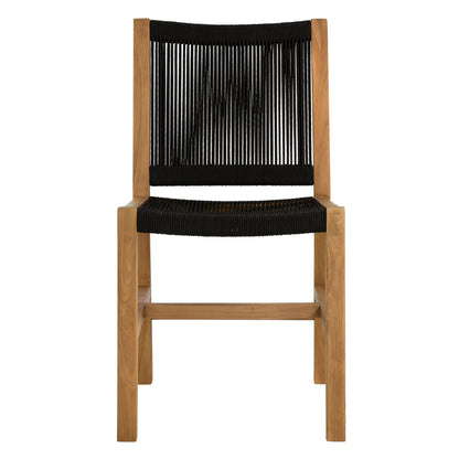 Natural wood dining chair with black woven cord seat and back, minimalist modern design.