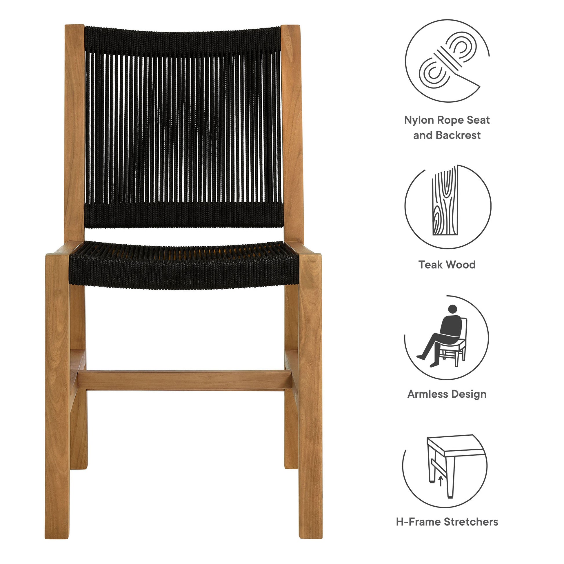 Teak wood armless chairs with black nylon rope seats and backrests; sturdy H-frame with natural finish; set of 2.