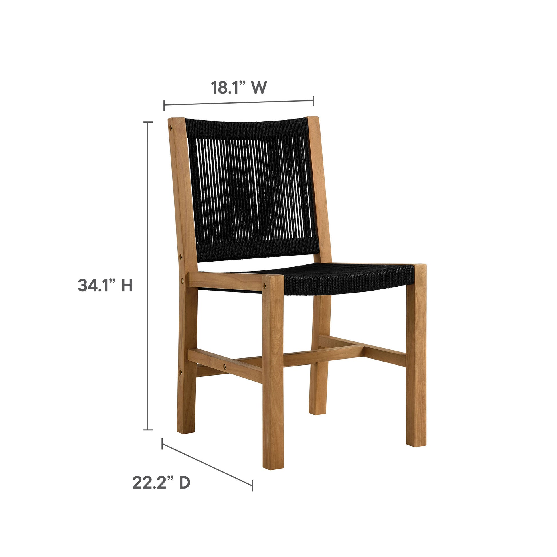 Teak and rope outdoor dining chairs set of 2 with black woven back and seat, armless, straight frame, slat-back design.