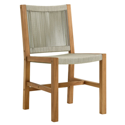 Natural teak outdoor chair with beige woven rope seat and backrest, minimalist frame.