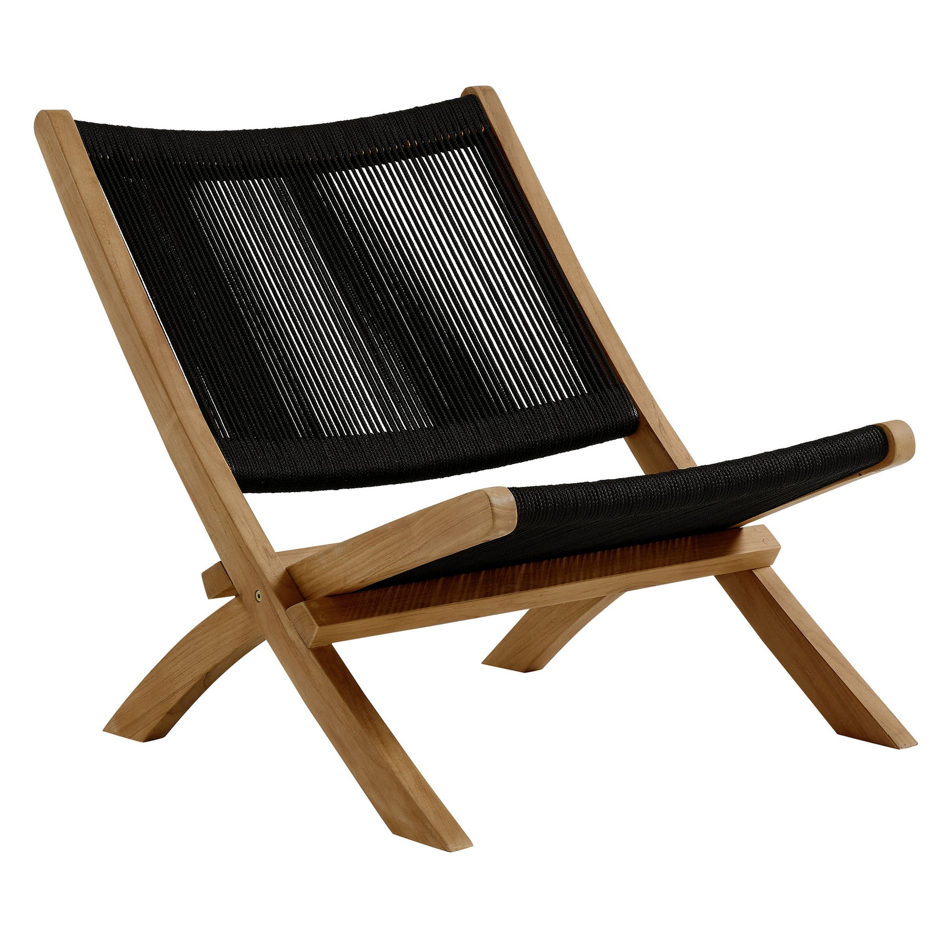 Teak outdoor lounge chair with black woven rope seat and back, curved ergonomic frame and matching footrest