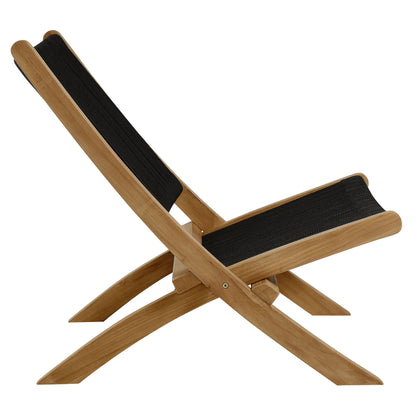 Natural wood folding lounge chair with black fabric sling, curved X-frame design.