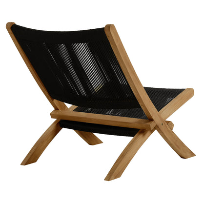 Teak lounge chair with black woven rope seat and back, curved X-frame.