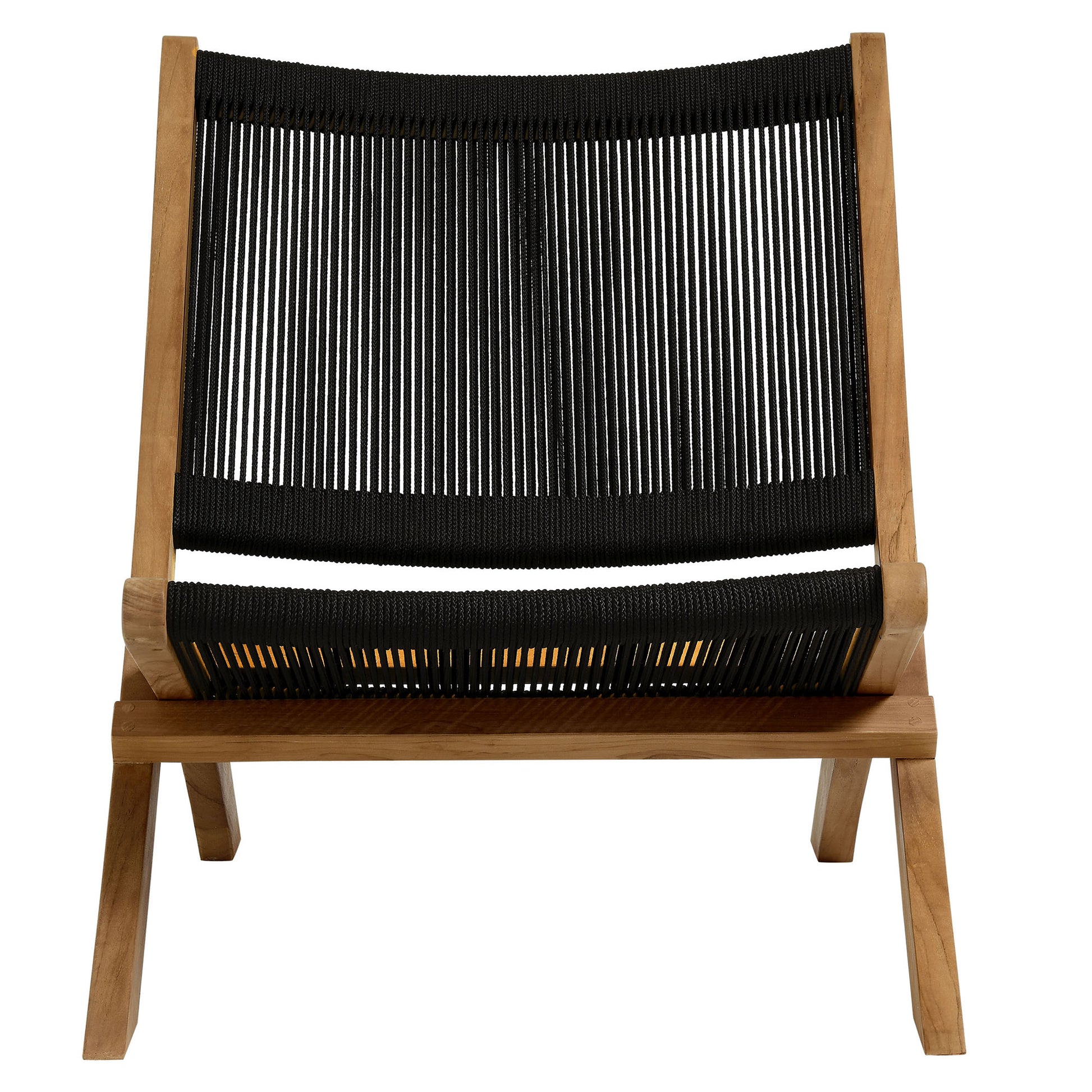 Natural wood frame lounge chair with black woven cord seat and back.