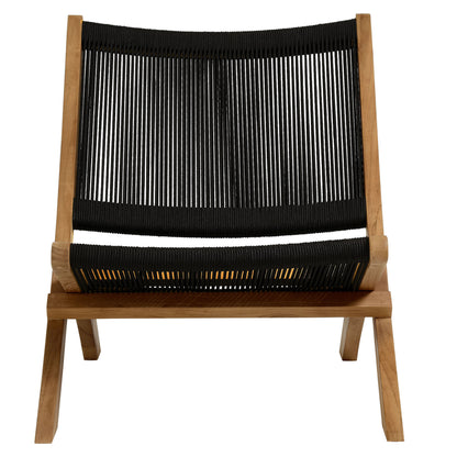 Natural wood frame lounge chair with black woven cord seat and back.