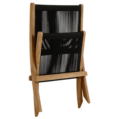 Natural wood frame lounge chair with black rope-woven sling seat and backrest, modern outdoor style.