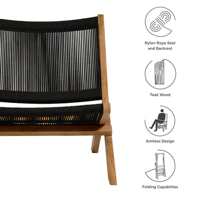Teak wood frame lounge chair with black nylon rope seat and backrest; armless, foldable, minimalist design.
