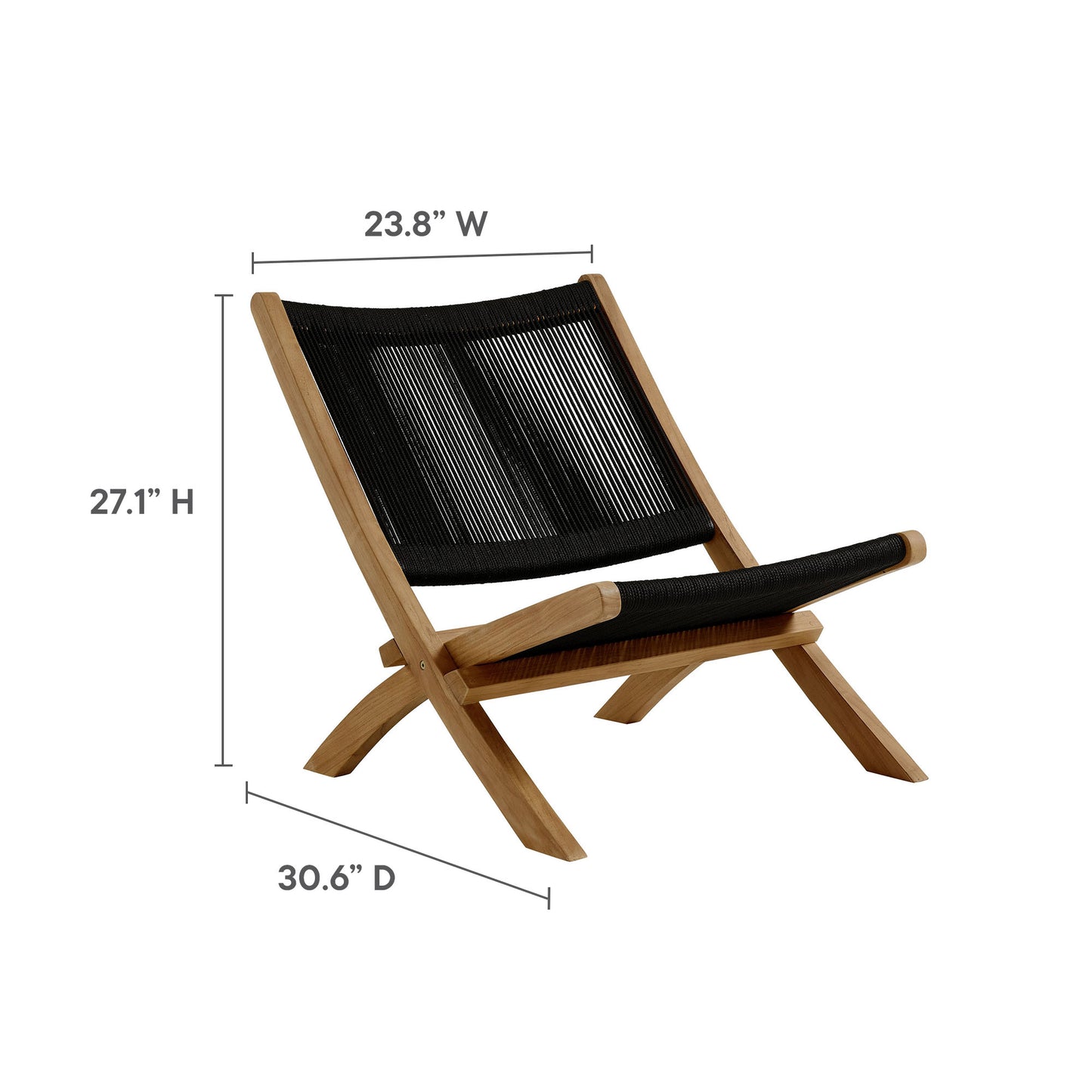 Natural wood framed lounge chair with black woven rope seat and back; curved legs for outdoor lounging.