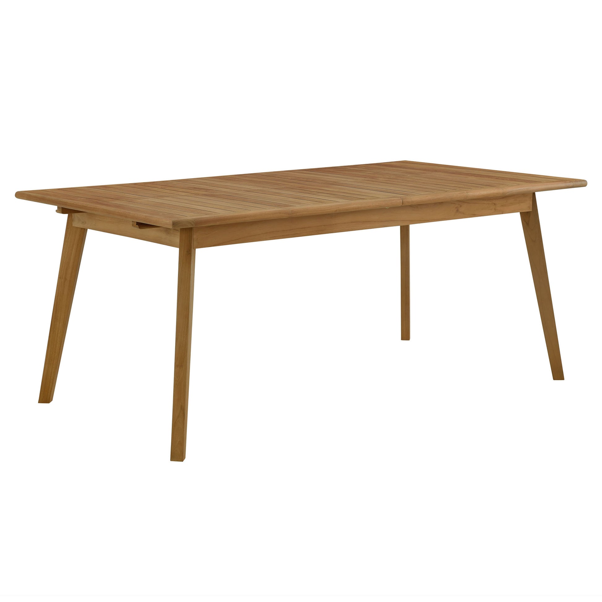 Outdoor teak dining table with a slatted top and angled legs; part of a rope-accented 7-piece outdoor dining set with armless chairs.