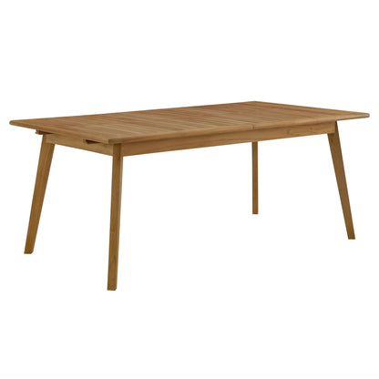 Outdoor dining set with natural teak table (slatted top and angled mid-century legs) and armless rope chairs.