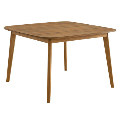 Outdoor 5-piece teak & rope dining set with rectangular table and armless rope chairs.