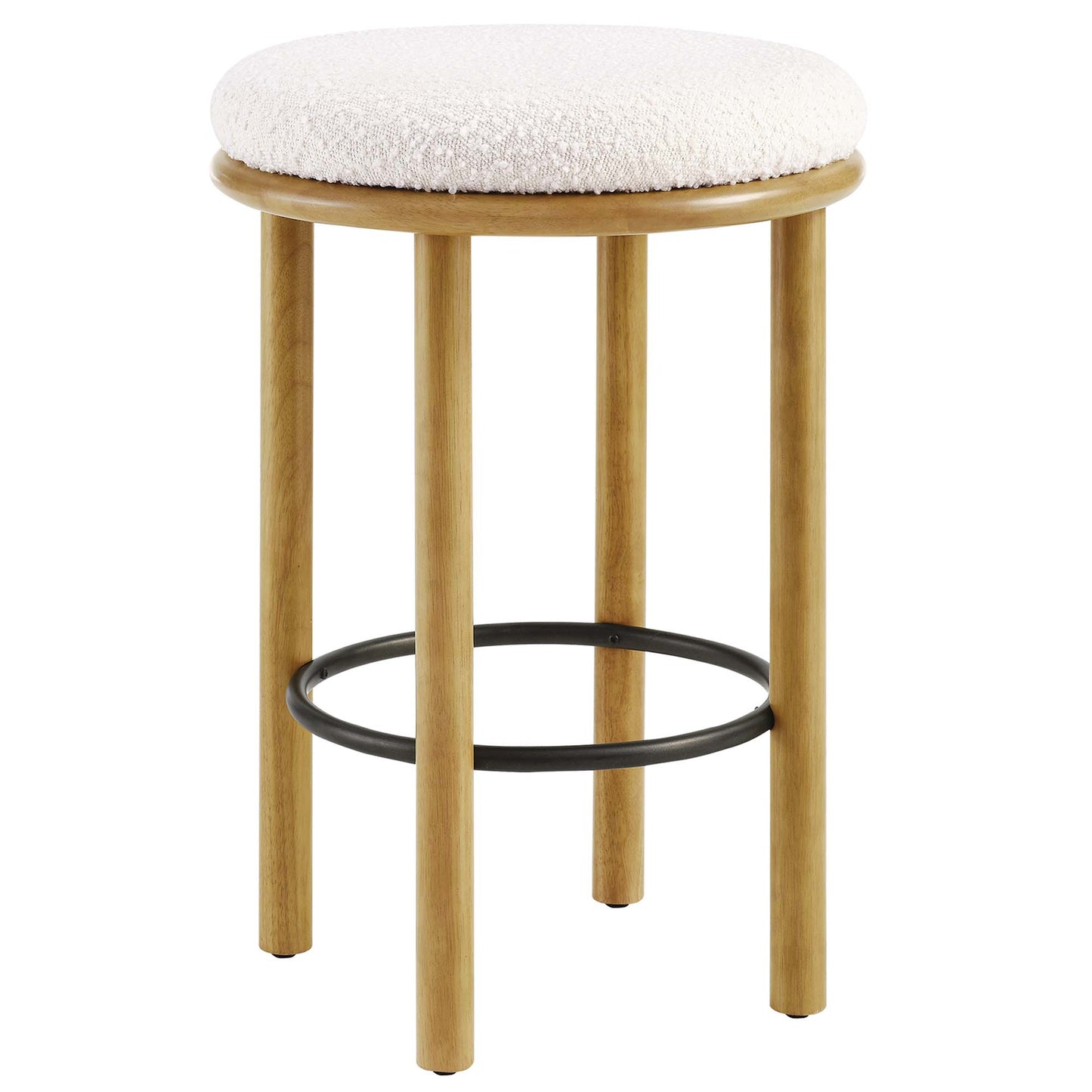 Round oak counter stool with an ivory boucle cushioned seat, four legs and a black circular footrest.