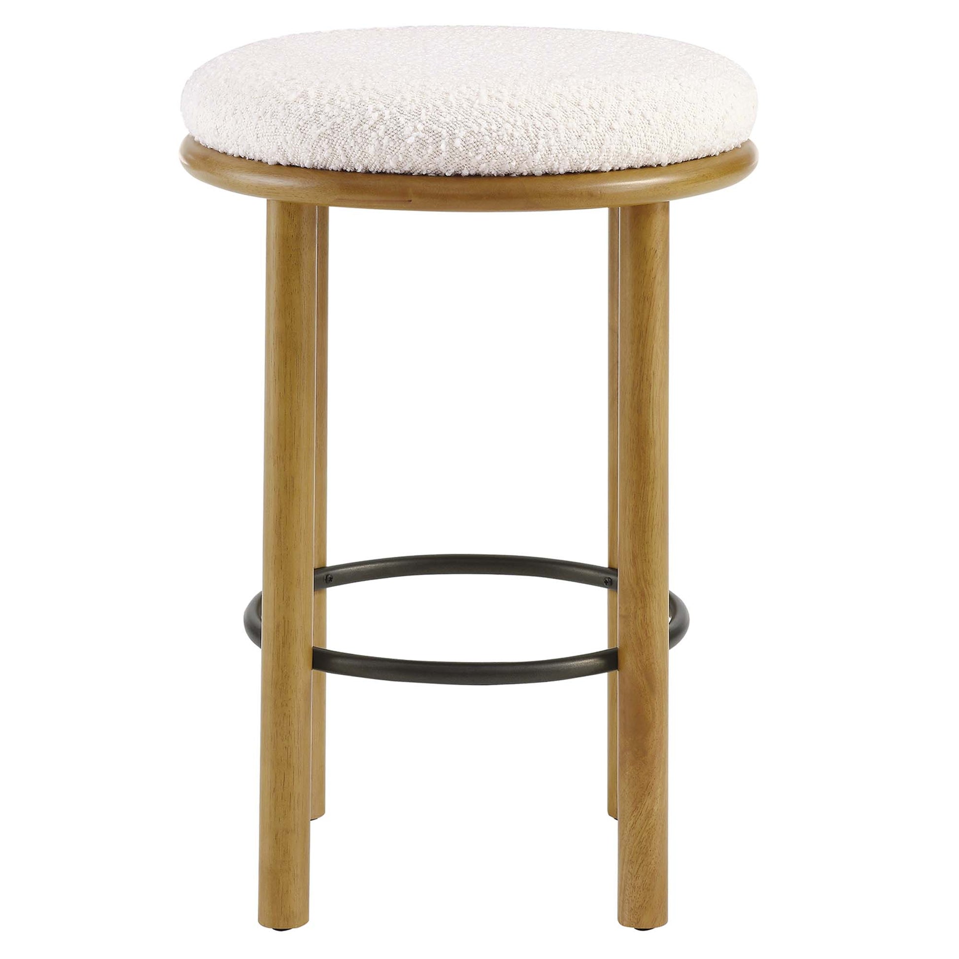 Oak counter stools, set of 2, with round padded ivory cushions, light wood legs and black curved metal footrests.