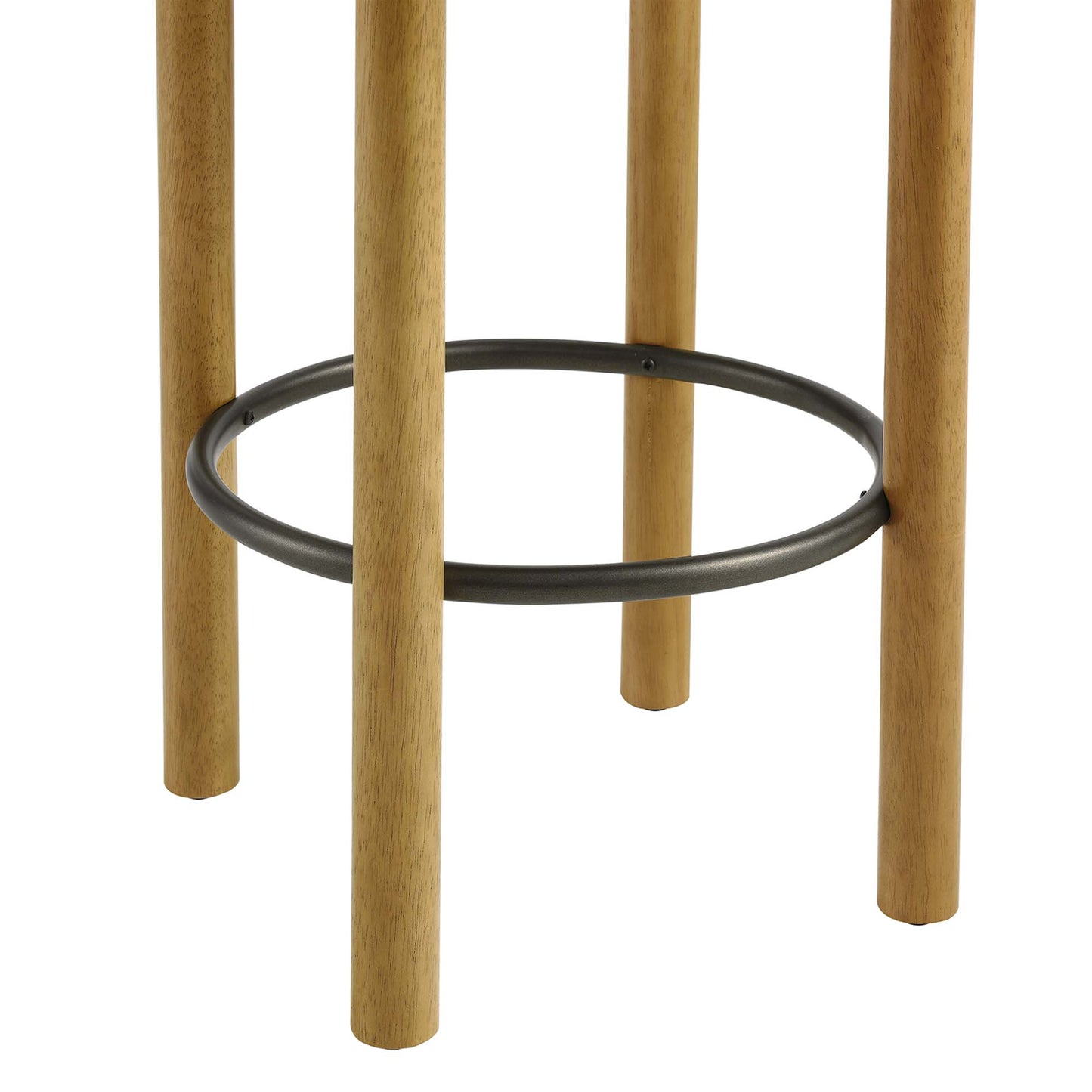 Oak wood counter stools (set of 2) with a black circular metal footrest ring and white boucle fabric seats.