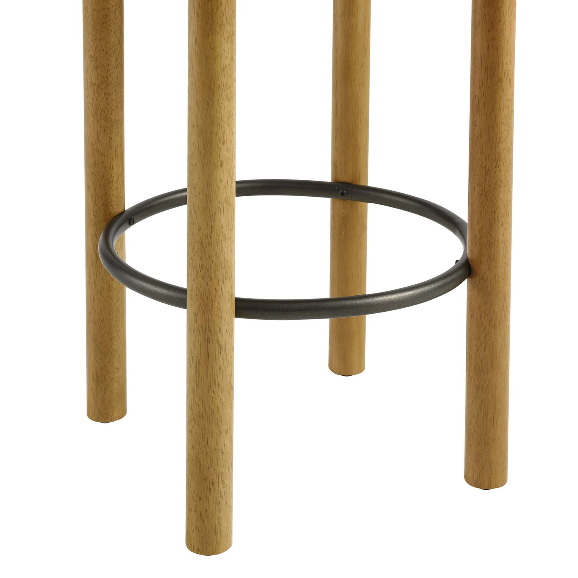 Oak wood counter stools (set of 2) with a black circular metal footrest ring and white boucle fabric seats.