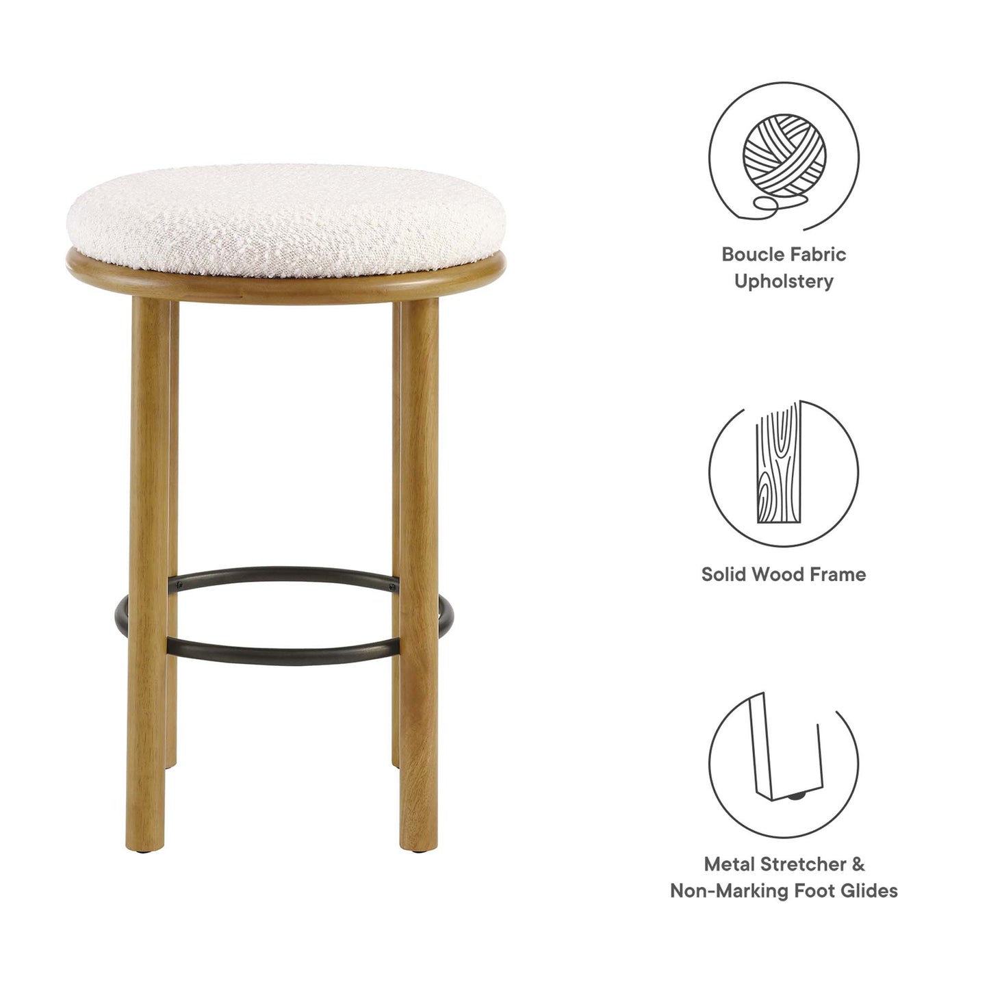 Set of 2 oak wood counter stools with round ivory boucle upholstery, metal footring, and solid wood frames.