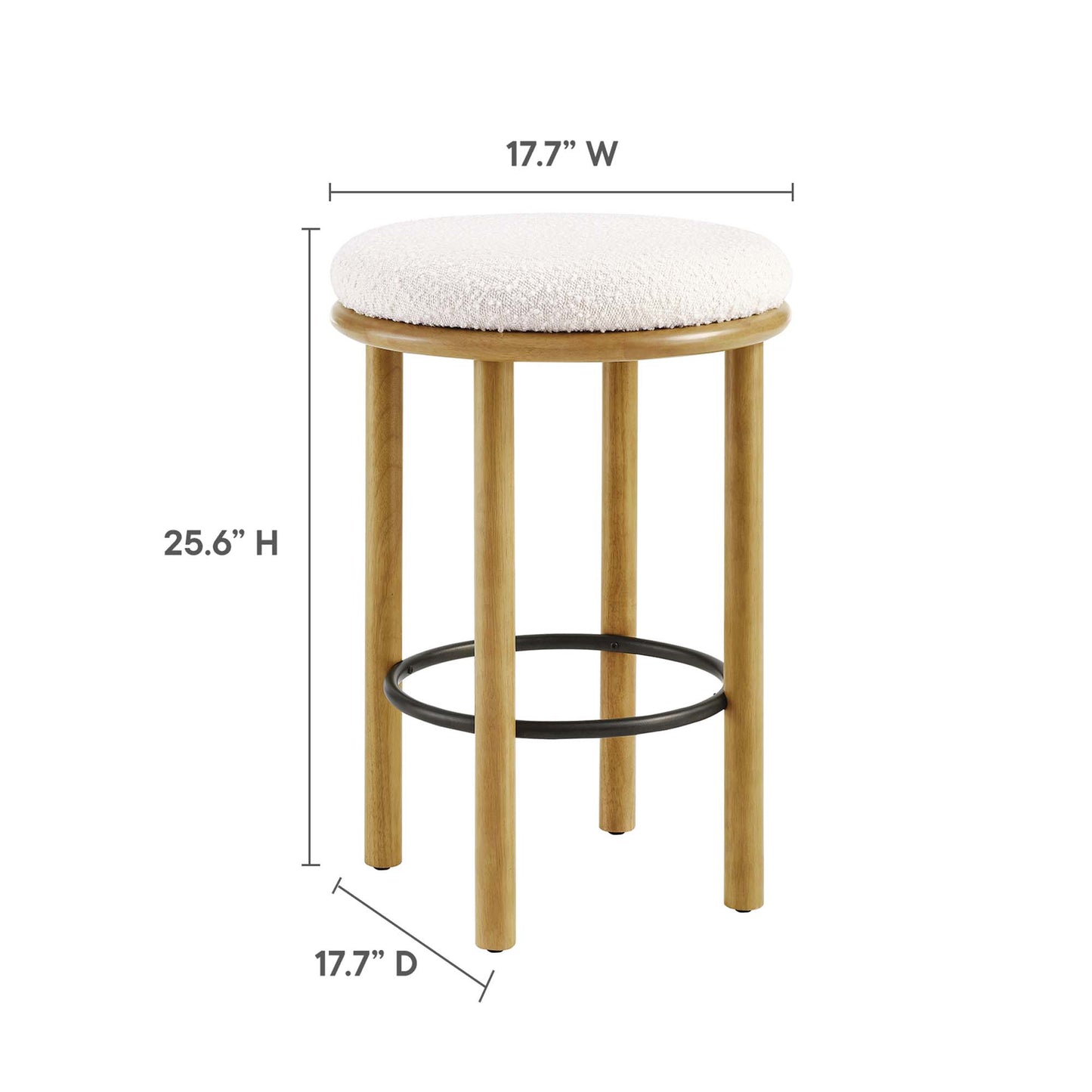 Oak wood stool with ivory round padded seat and black metal footring; 17.7 W x 17.7 D x 25.6 H.