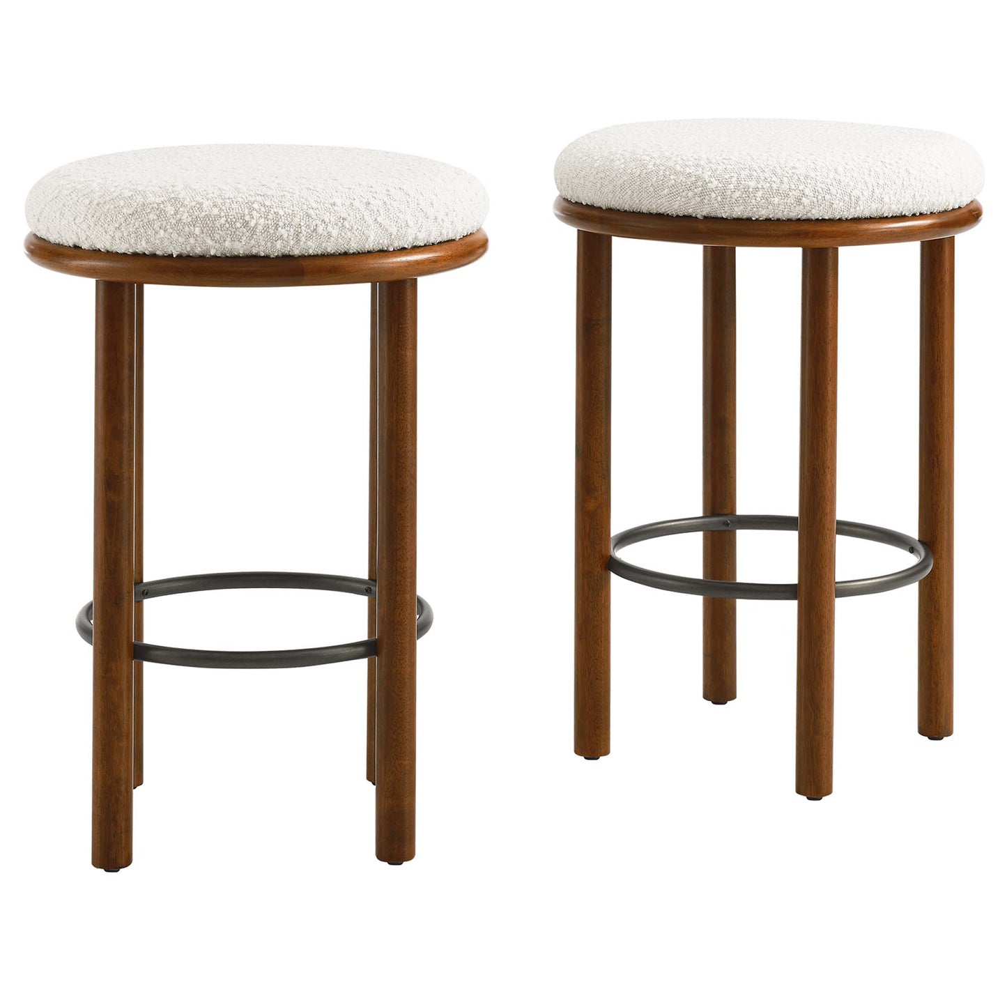 Pair of boucle fabric counter stools (set of 2) with white finish and black circular footrests.