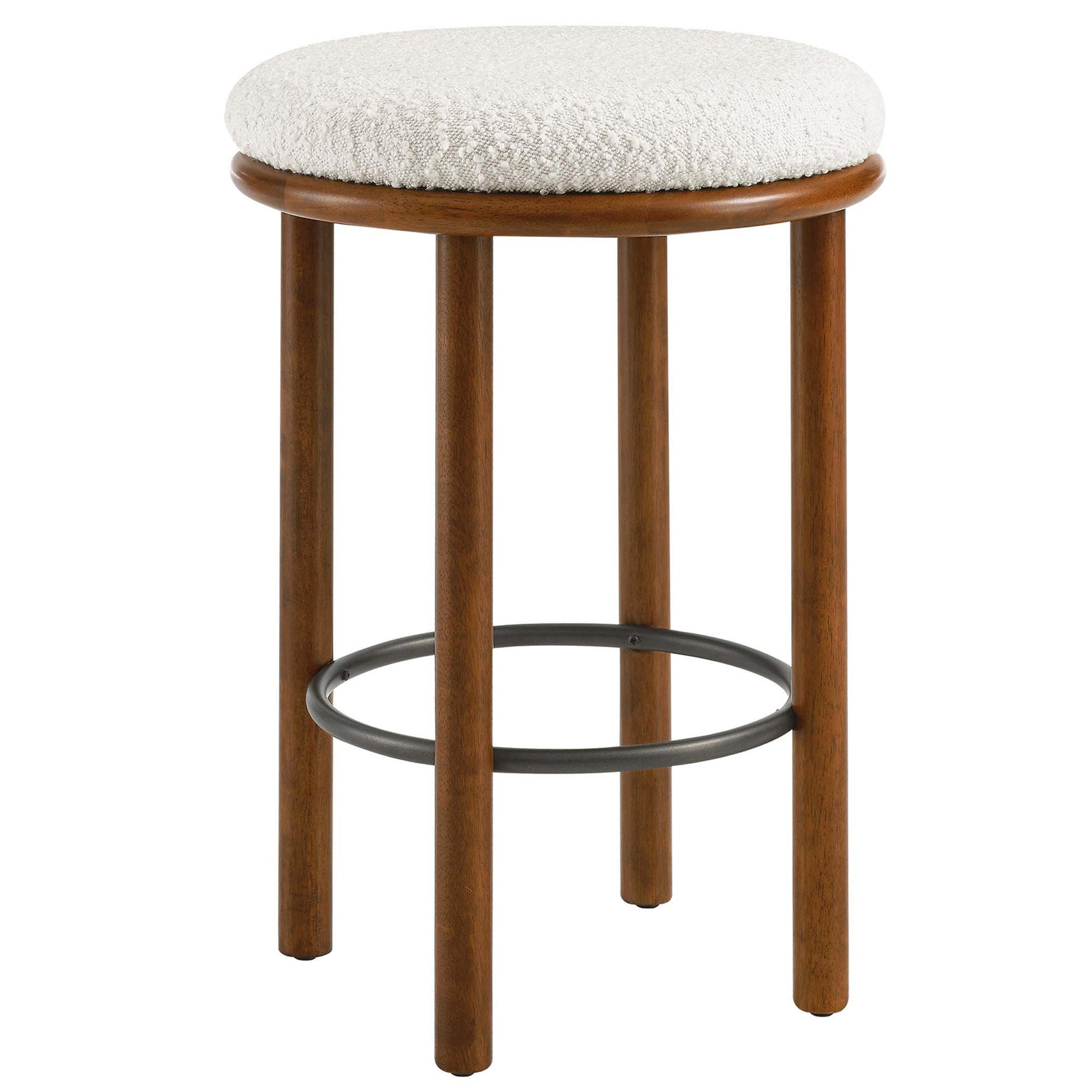 Set of 2 white counter stools with round ivory boucle upholstered seats and black metal foot rings.