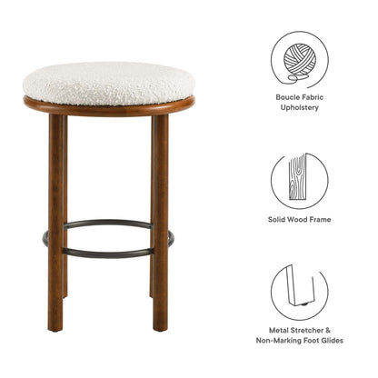 Walnut-finished solid wood counter stools with ivory boucle upholstered round seats and metal footrests, set of 2.