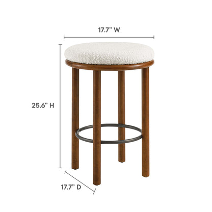 Set of 2 counter stools in ivory boucle fabric with round upholstered seats and black metal foot rings, 17.7W x 17.7D x 25.6H.