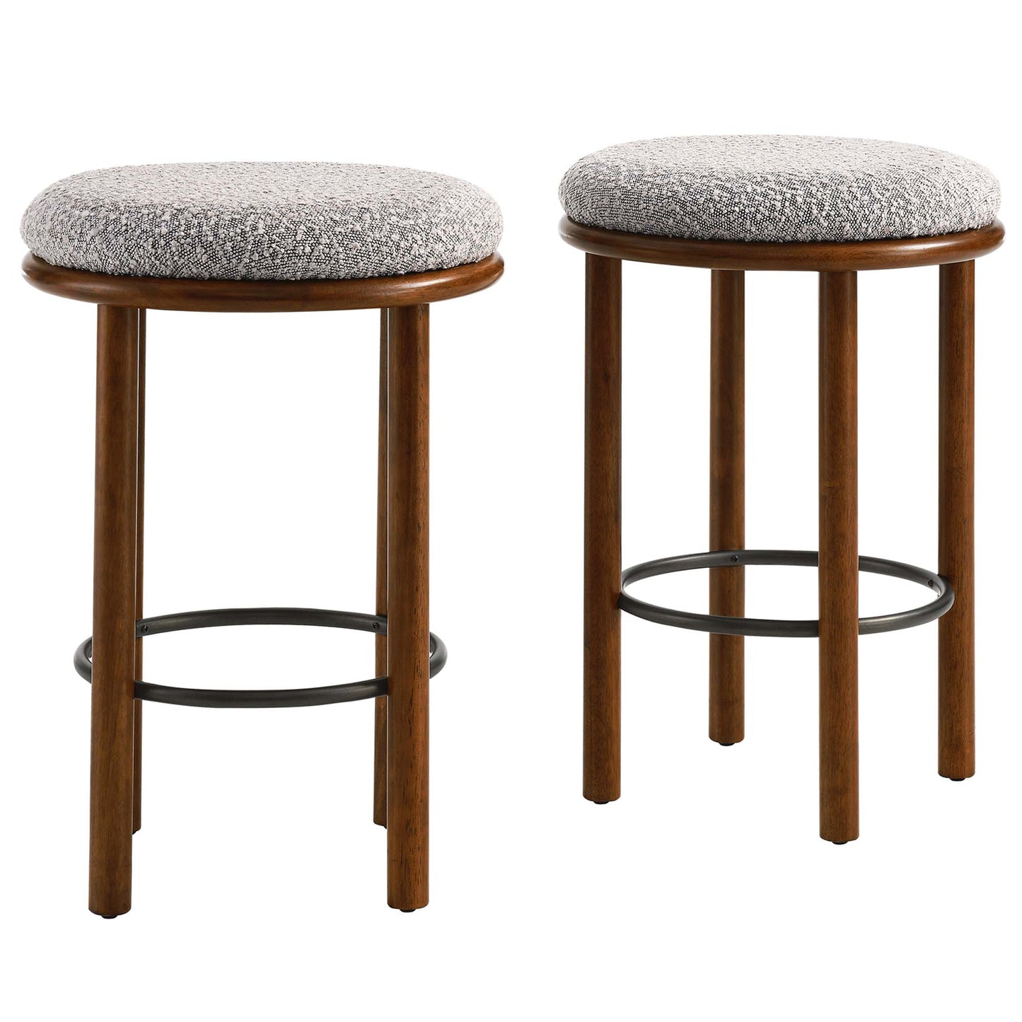 Pair of walnut wood counter stools with round taupe fabric cushions and black metal footrests