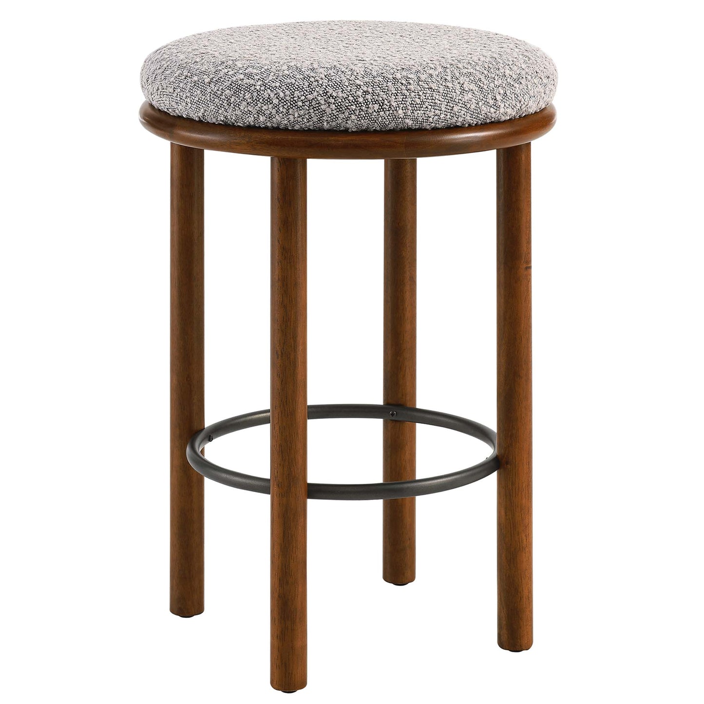 Walnut-finish wooden stool with a round gray upholstered cushion, four straight legs and a circular metal footrest.