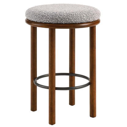 Walnut-finish wooden stool with a round gray upholstered cushion, four straight legs and a circular metal footrest.