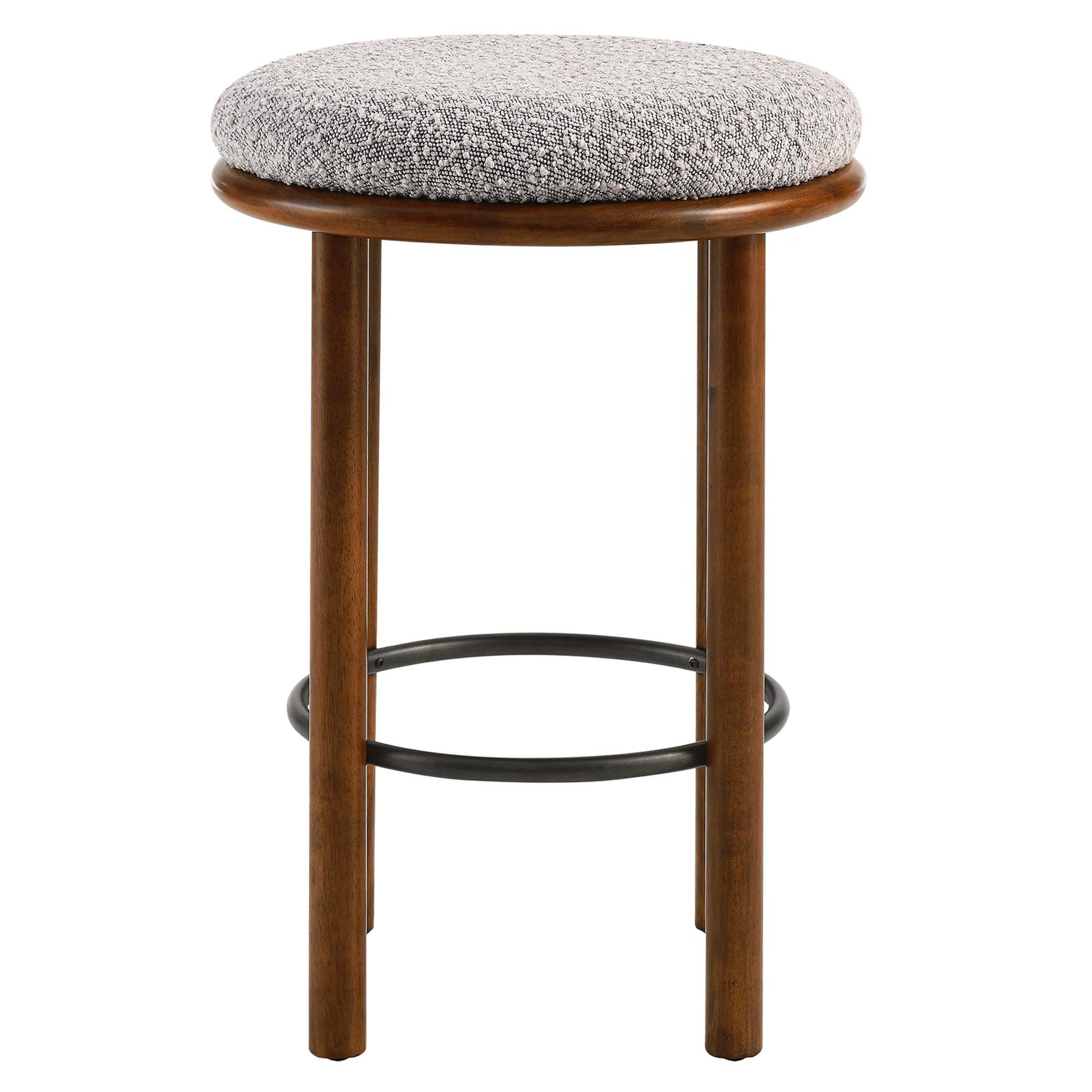Walnut-finish wooden bar stool with round taupe upholstered seat & black metal foot ring.