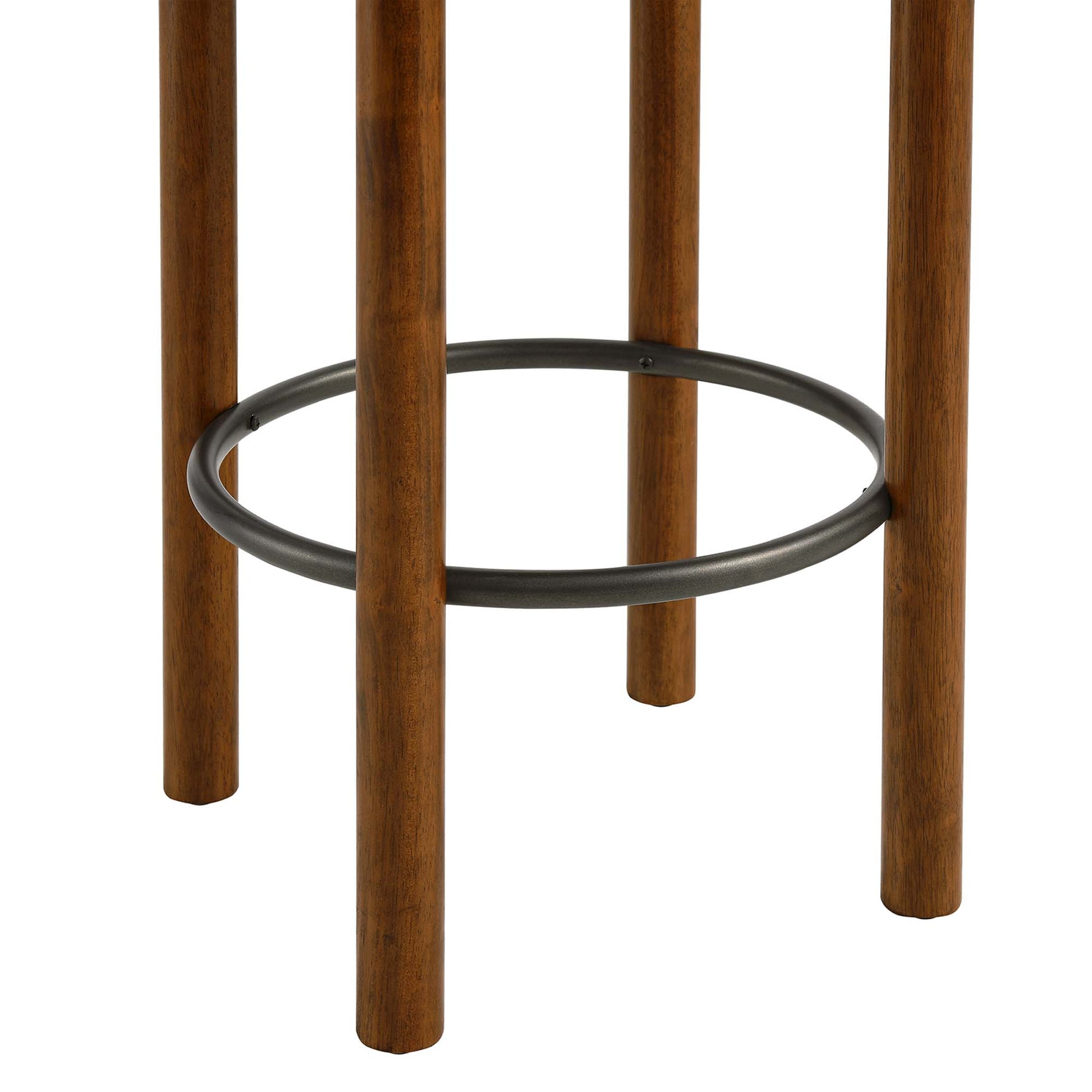 Walnut-stained wooden stool legs with a black circular metal ring footrest.