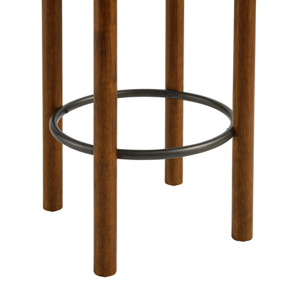 Walnut-stained wooden stool legs with a black circular metal ring footrest.