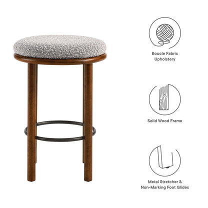 Round taupe boucle upholstered counter stools with walnut wood frame and metal footrest ring (set of 2).