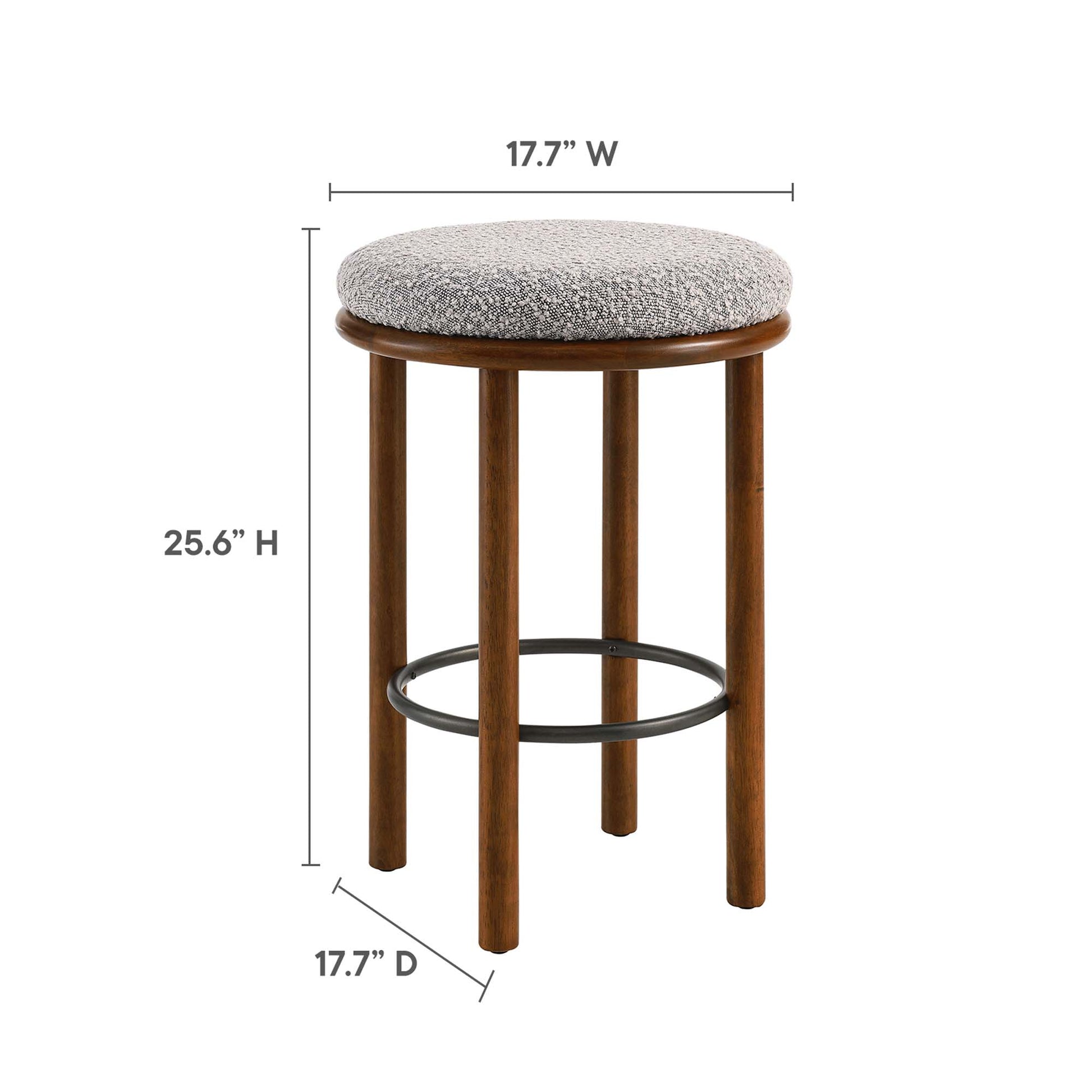 Round taupe upholstered counter stools on walnut wood legs with circular metal footrings; set of 2, 17.7W x 25.6H x 17.7D.