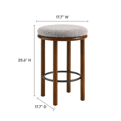Round taupe upholstered counter stools on walnut wood legs with circular metal footrings; set of 2, 17.7W x 25.6H x 17.7D.
