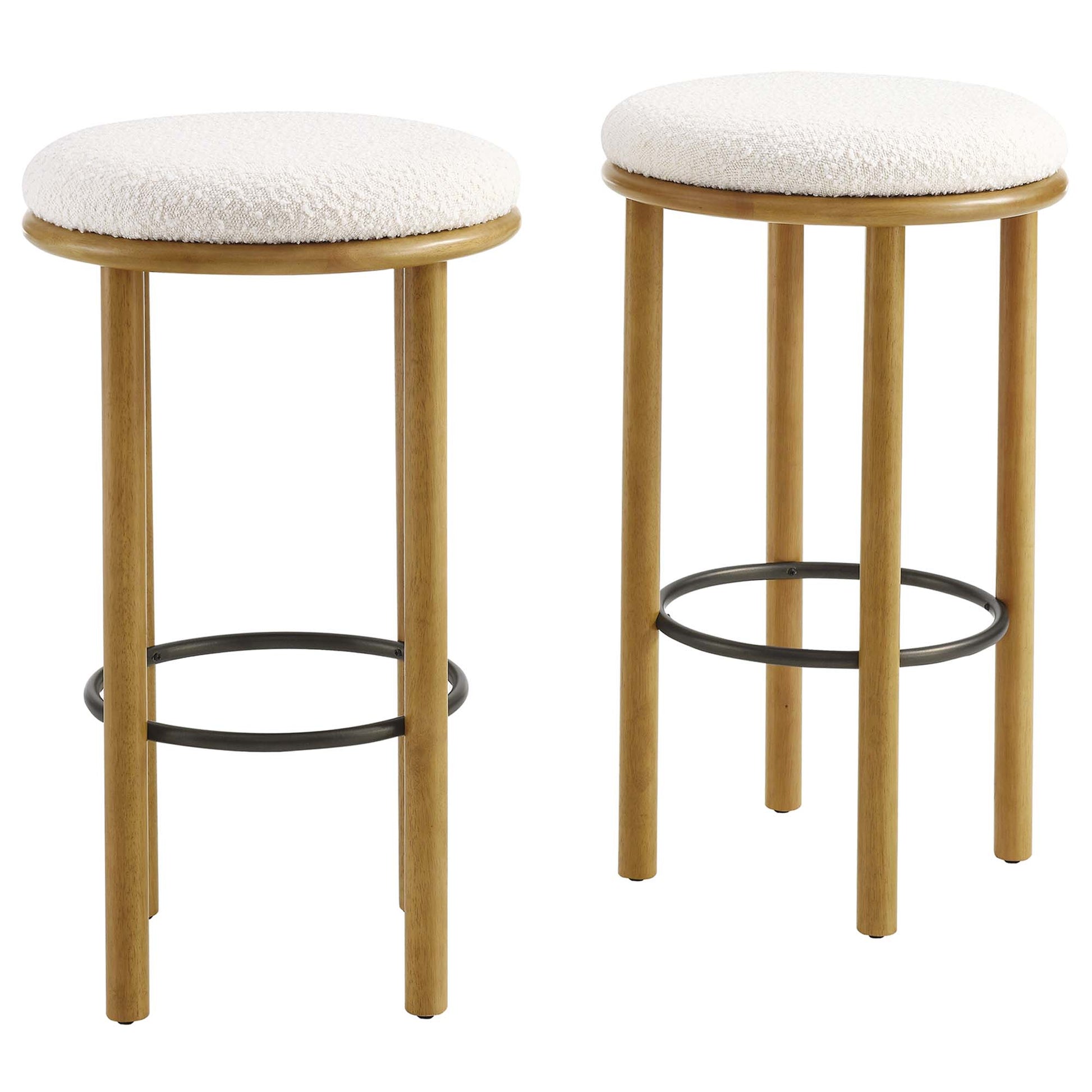 Pair of round oak stools with ivory textured cushions, four legs and black circular footrests
