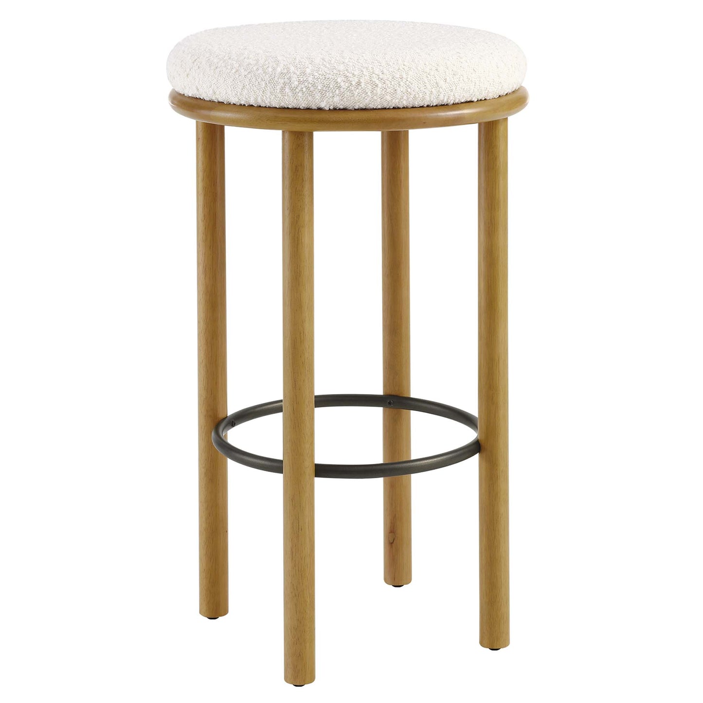 Oak wood bar stools with white boucle fabric cushions and black circular footrests.